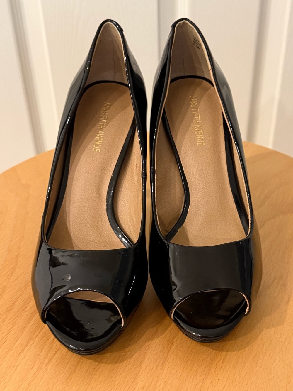 Saks Fifth Avenue Black Patent Peep-Toe Heels